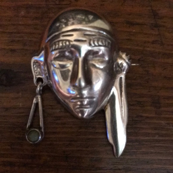 Vintage Native American Mask Brooch Green Turquoise Mexico Sterling Silver - Picture 6 of 6